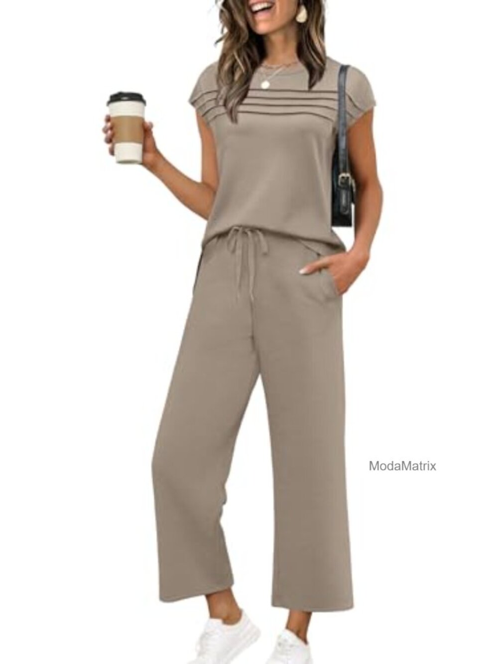 Women's Two Piece Set Cap Sleeve Top & Wide Leg Crop Pants Lounge Travel S-3XL